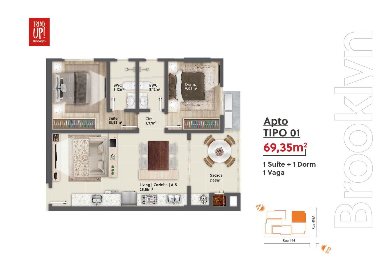 Apartamento em Construção em Itapema/SC com 70m² área privativa sendo 2 dormitórios e 1 suíte, área de lazer completa