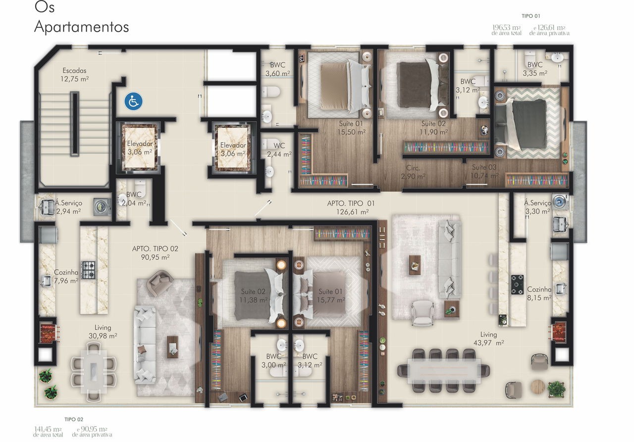 Apartamento em Construção em Porto Belo/SC com 126,61m² área privativa sendo 3 suítes, 2 vagas de garagem, área de lazer completa