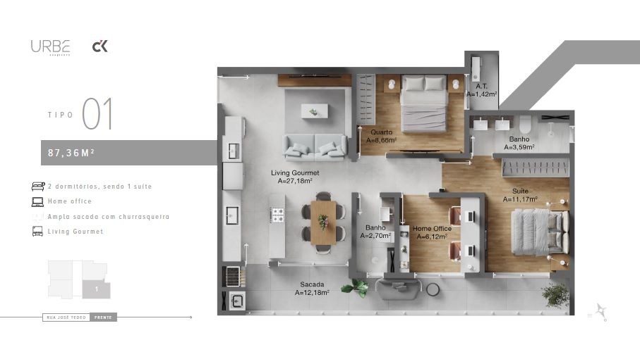 Apartamento em construção em itajaí/sc com 68,04m² área priv
