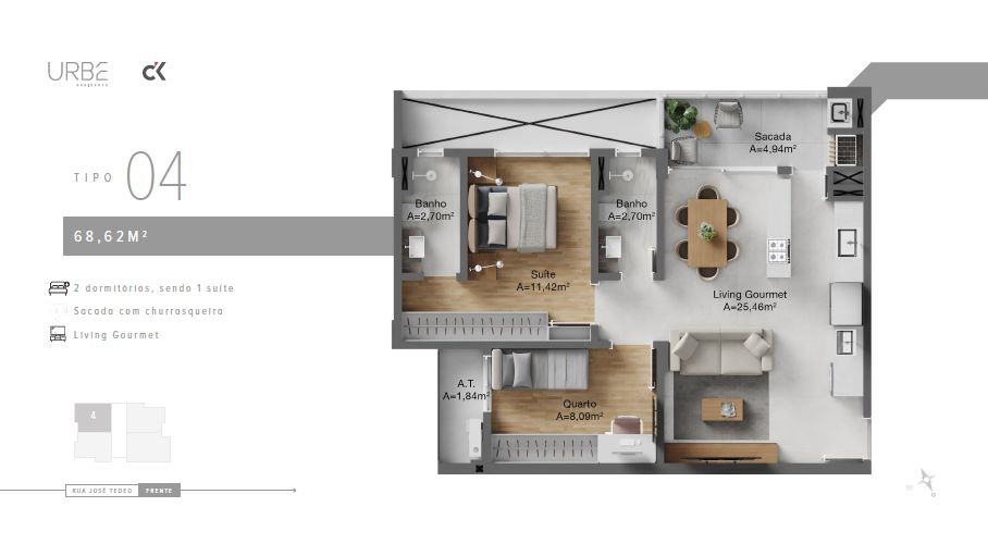 Apartamento em construção em itajaí/sc com 68,04m² área priv