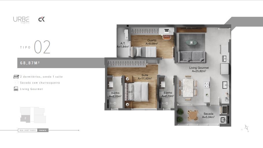 Apartamento em construção em itajaí/sc com 68,04m² área priv