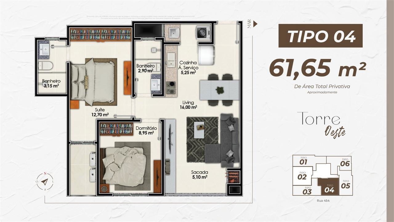Apartamento em Construção em Itapema/SC com 61,65m² área privativa, com 2 dormitórios sendo 1 suíte, 1 vaga de garagem