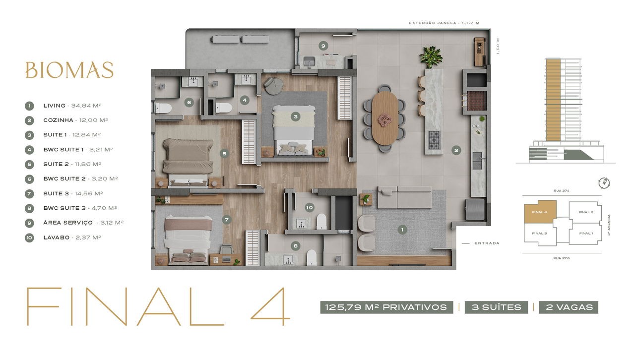 Apartamento em Construção em Itapema/SC com 125,79m² área privativa sendo 3 suítes 2 vagas de garagem, área de lazer completa