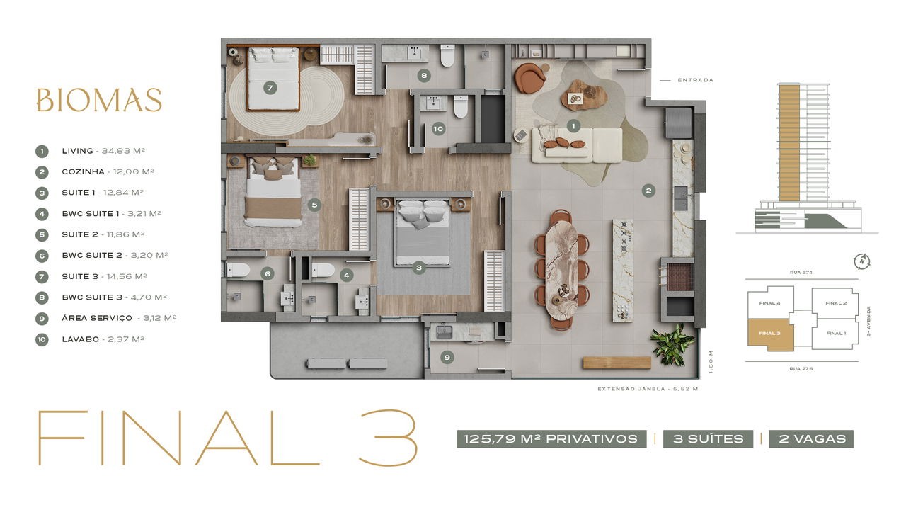 Apartamento em Construção em Itapema/SC com 125,79m² área privativa sendo 3 suítes 2 vagas de garagem, área de lazer completa