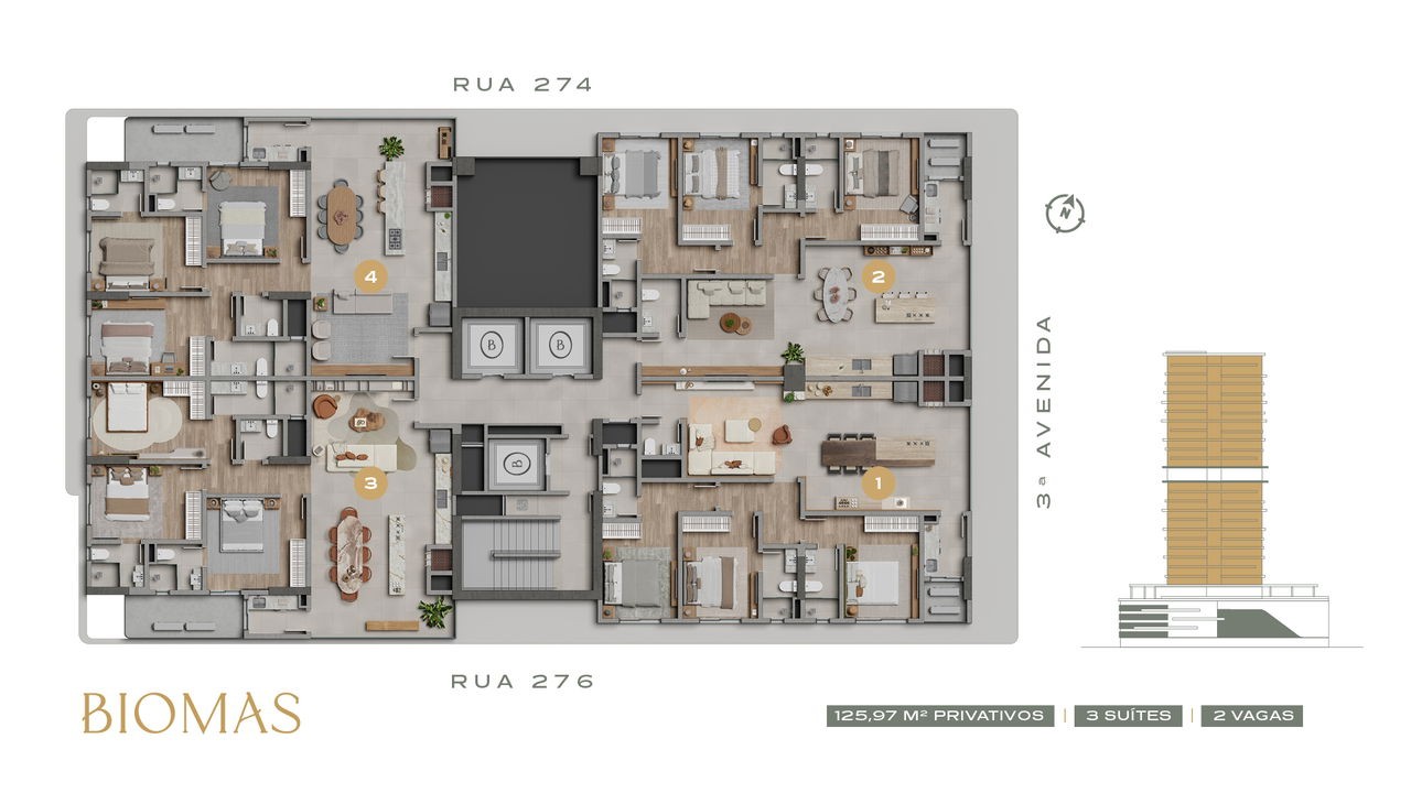 Apartamento em Construção em Itapema/SC com 125,79m² área privativa sendo 3 suítes 2 vagas de garagem, área de lazer completa