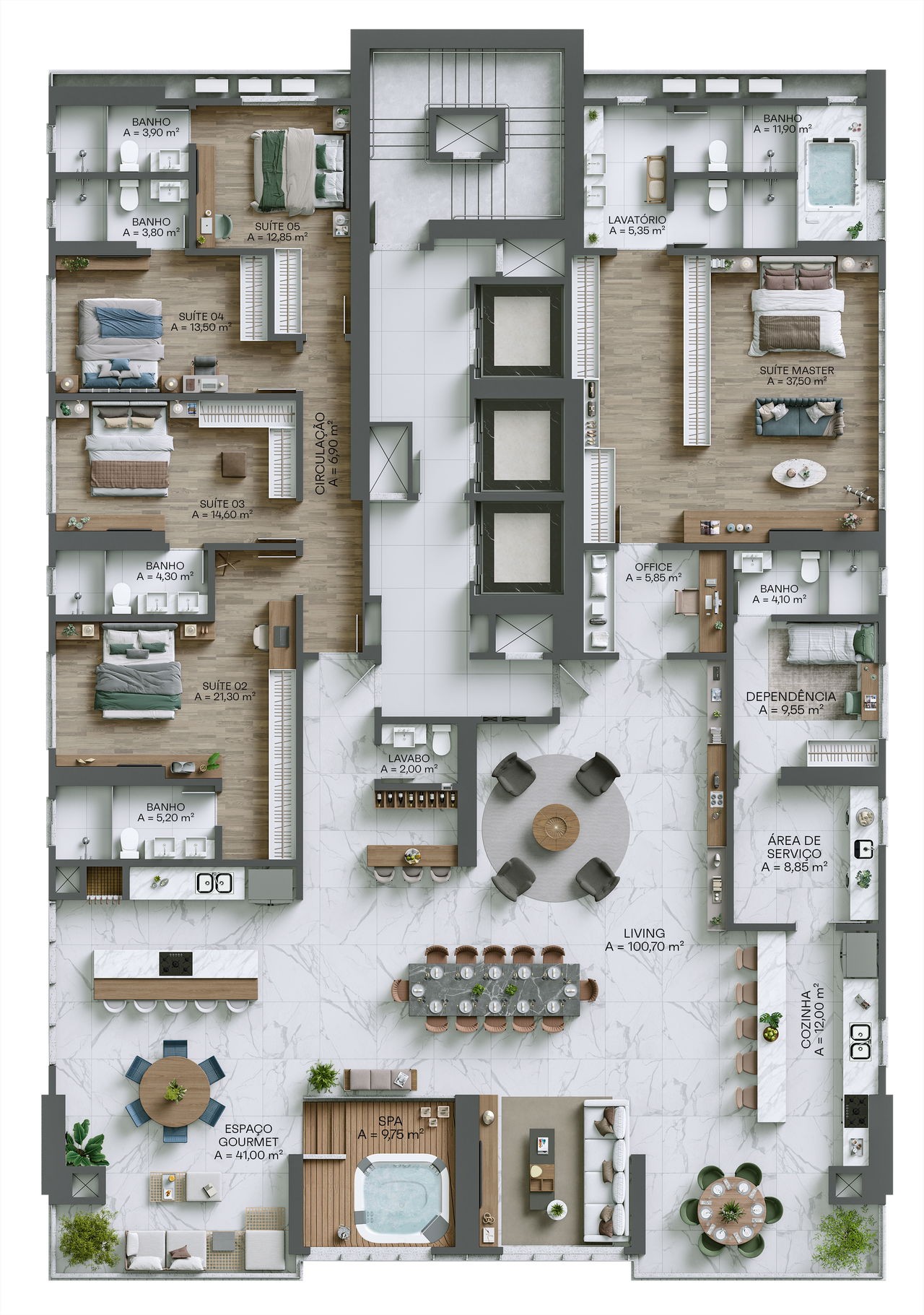 Apartamento em Construção em Itapema/SC com 374,00m2 área privativa sendo 5 suítes 4 vagas de garagem área de lazer completa