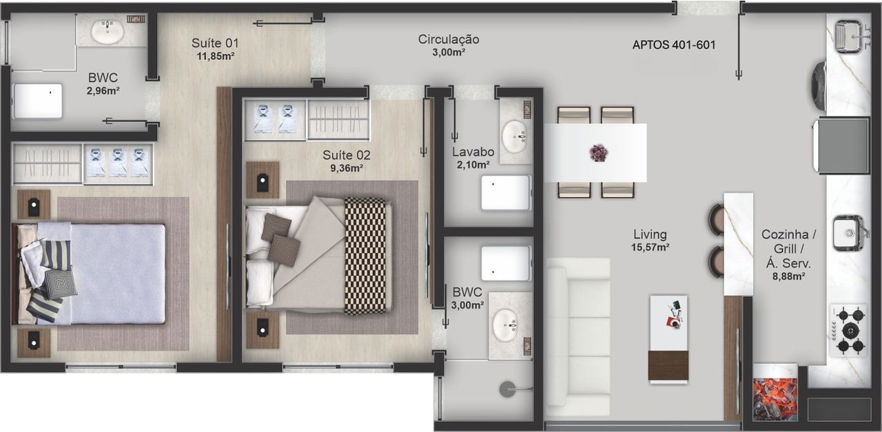Apartamento em Construção em Balneário Camboriú/SC, com 64,36m² área privativa sendo, 2 suítes 1 vaga de garagem lazer completo