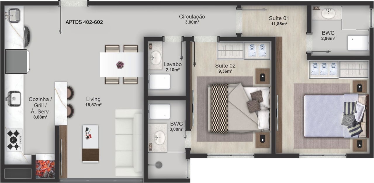 Apartamento em Construção em Balneário Camboriú/SC, com 64,36m² área privativa sendo, 2 suítes 1 vaga de garagem lazer completo