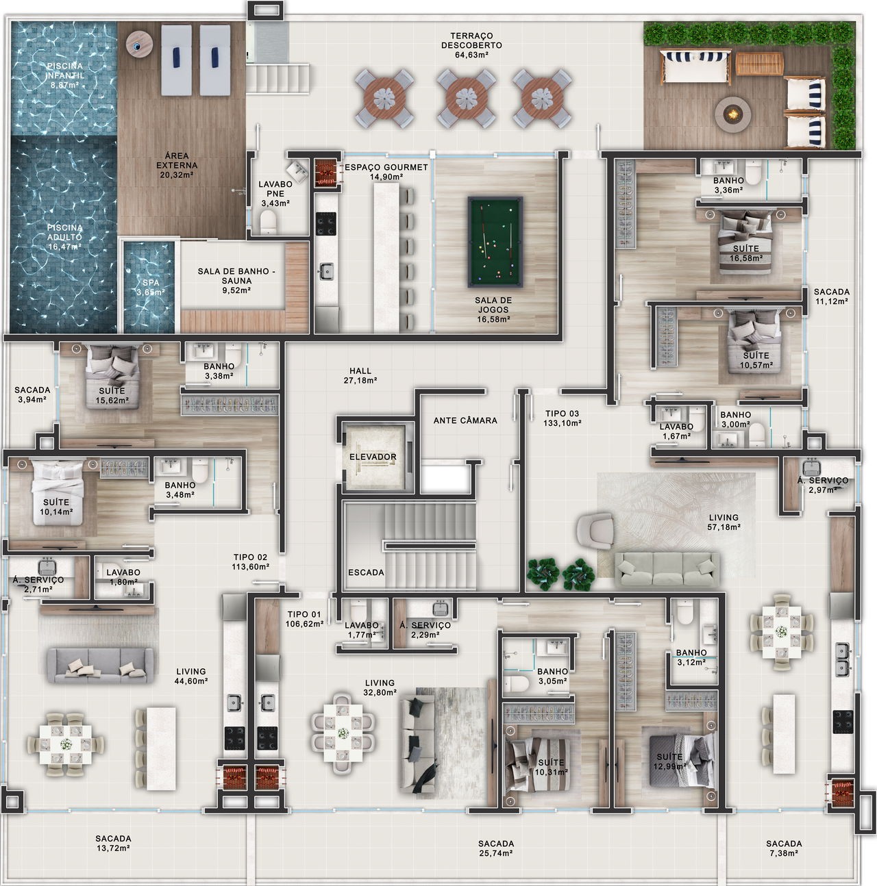 Apartamento em Construção em Bombinhas/SC com 87,43m² área privativa sendo 2 suítes 2 vagas de garagem lazer completo