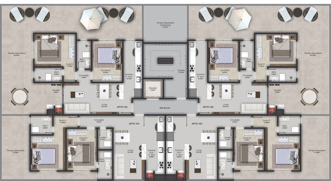 Apartamento em Construção em Balneário Camboriú/SC, com 64,36m² área privativa sendo, 2 suítes 1 vaga de garagem lazer completo