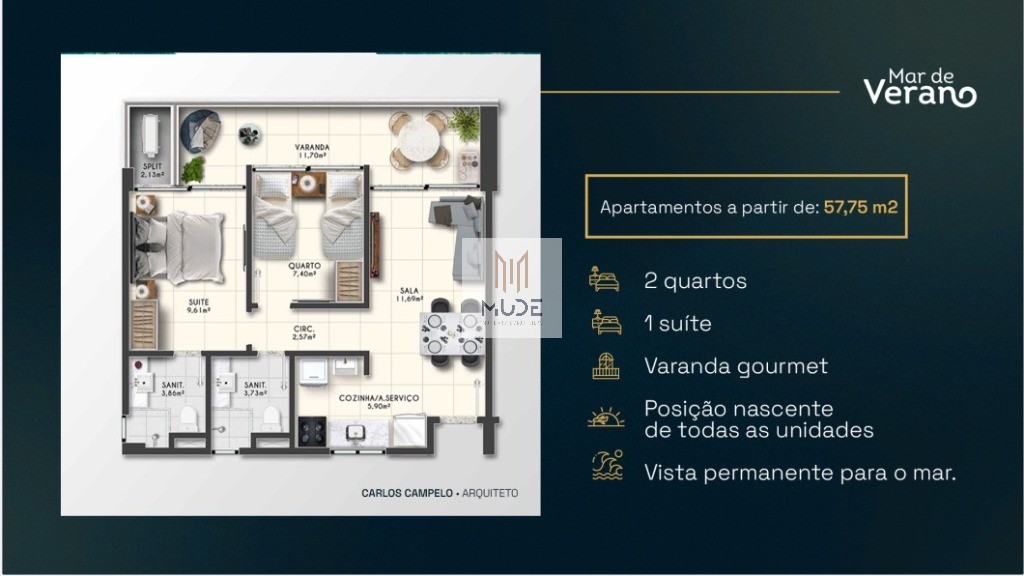 MAR DE VERANO Apartamento á Venda de 2 Quartos, 1 Suíte com Área de 57,75m² - NASCENTE- Vista Mar Permanente - Salvador/BA