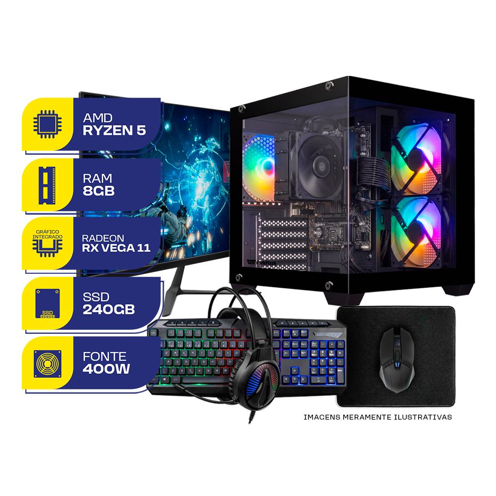 PC Gamer Completo MCL, AMD RYZEN 5 3400G, 8GB DDR4, SSD 240GB, Combo de Periféricos, Monitor 21