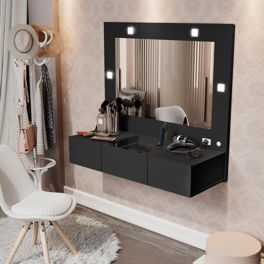 Ver imagem 2 de Penteadeira Camarim Suspensa LED 3 Gavetas 96cm Preto Acetinado Sofia