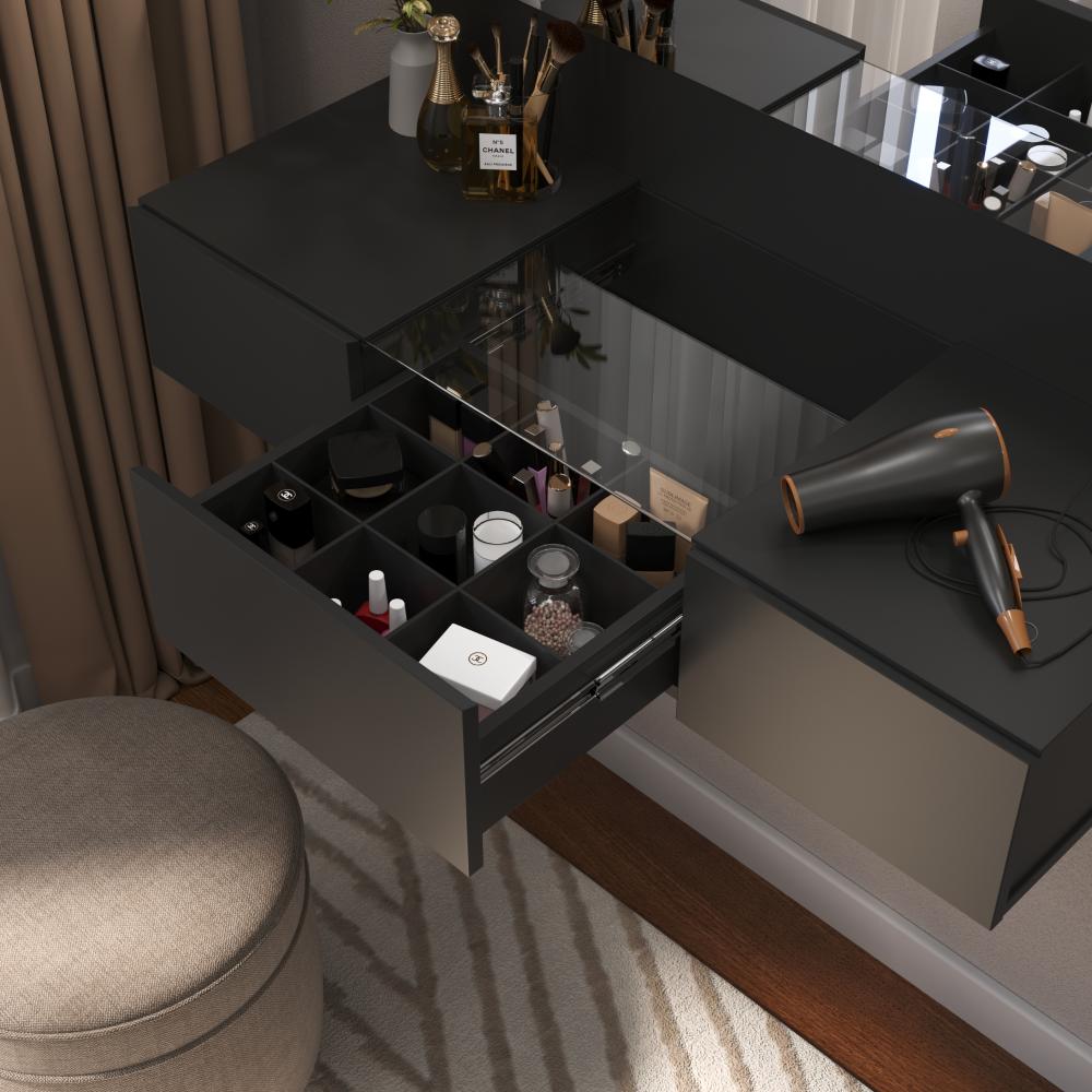 Ver imagem 5 de Penteadeira Camarim Suspensa LED 3 Gavetas 96cm Preto Acetinado Sofia