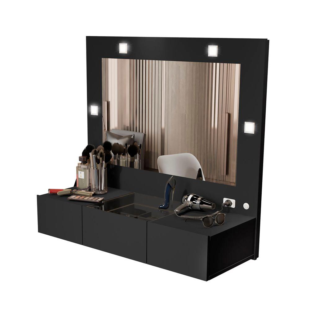 Ver imagem 3 de Penteadeira Camarim Suspensa LED 3 Gavetas 96cm Preto Acetinado Sofia