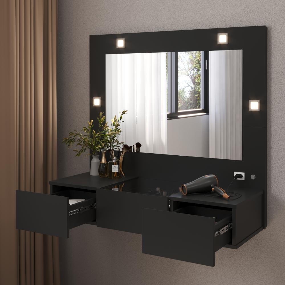Penteadeira Camarim Suspensa LED 3 Gavetas 96cm Preto Acetinado Sofia