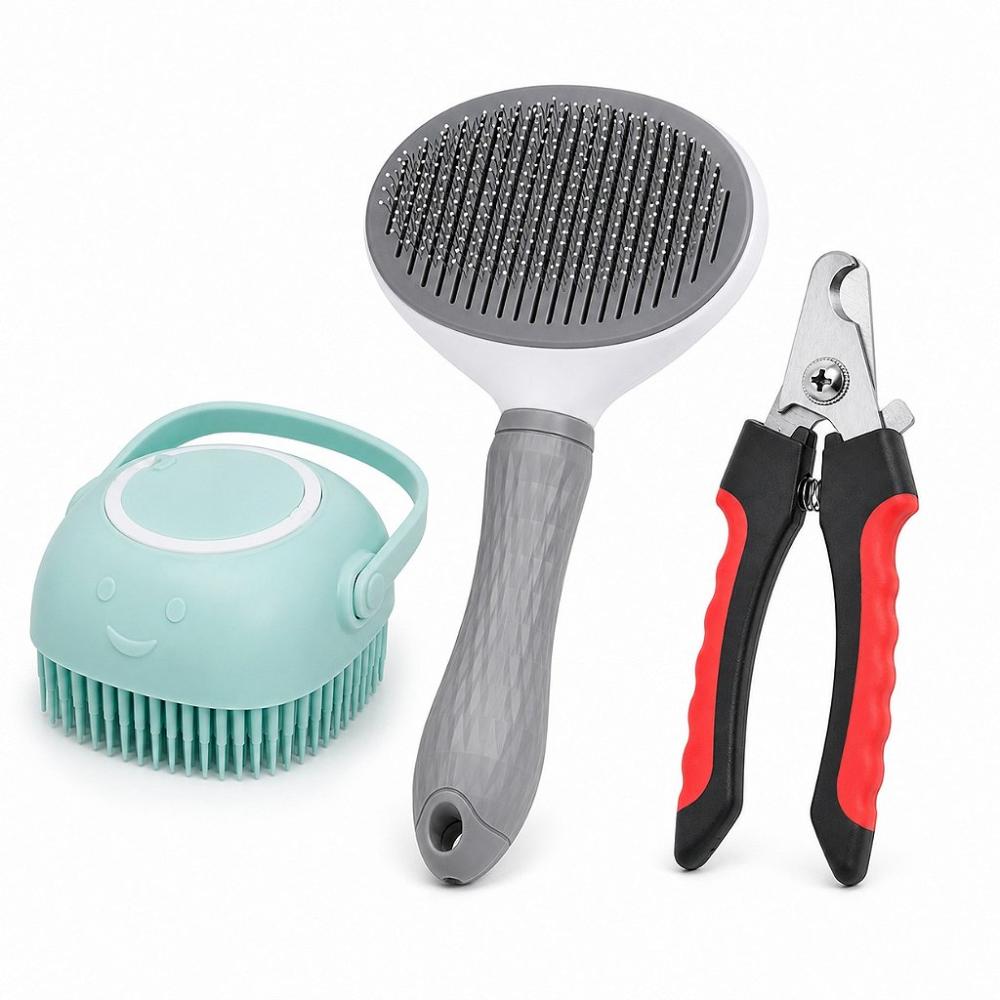 Kit Pet 3 Peças Rasqueadeira Escova Banho Alicate Unha Cães Gatos