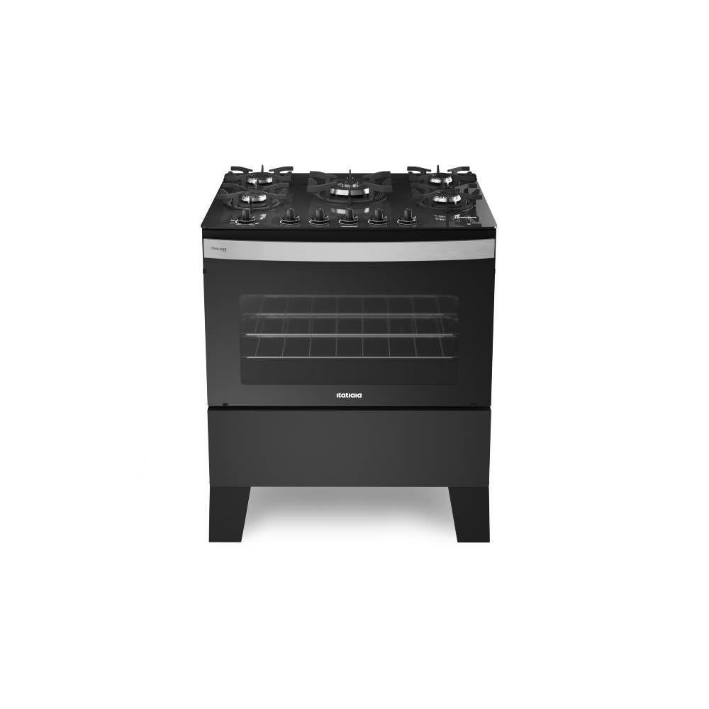 Fogão 5 Bocas Itatiaia Itaglass Plus com Forno 82L e Acendimento Automático Preto Bivolt