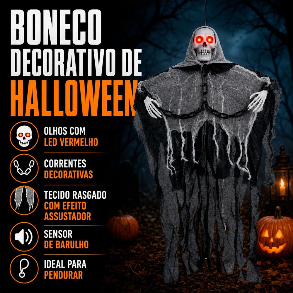 Boneco Halloween Caveira Fantasma Acorrentada Eletrônica Pra Pendurar Com Som e LED