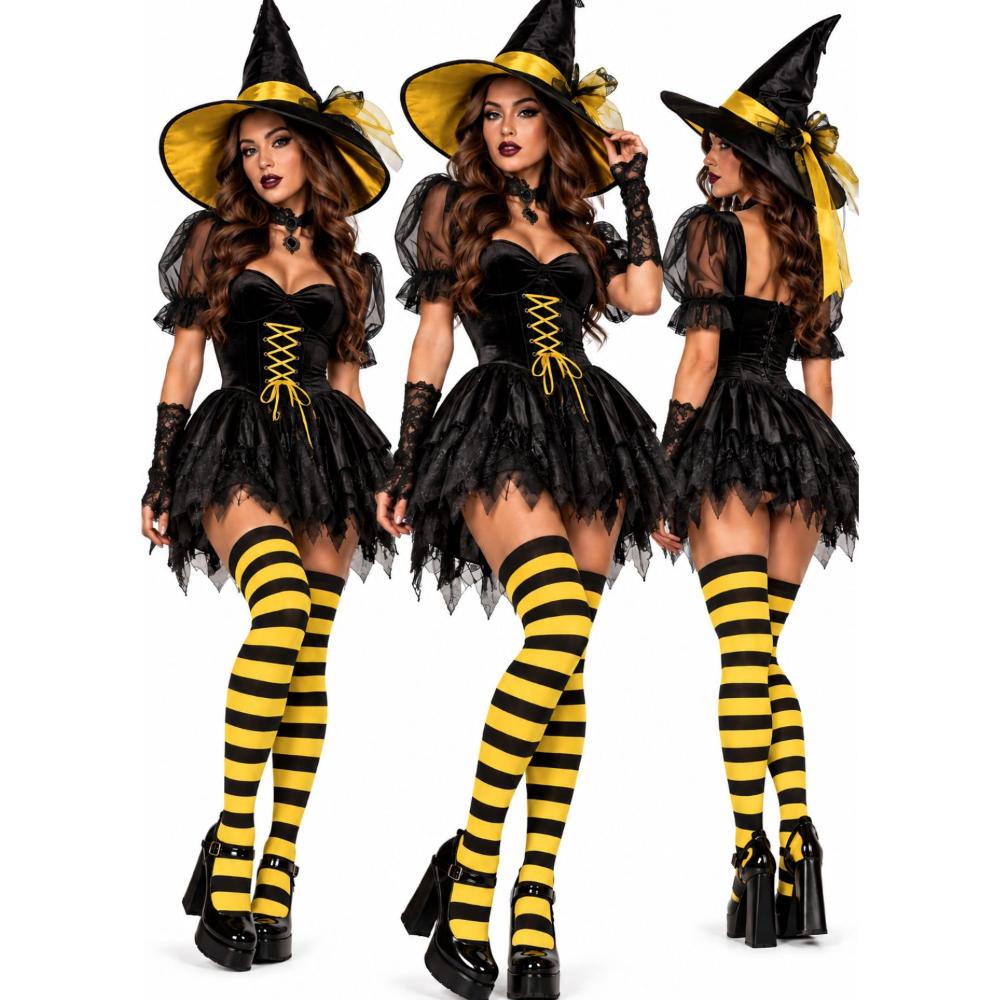 Meia Calça Listrada 7/8 Adulta Feminina pra Fantasia de Bruxa Halloween