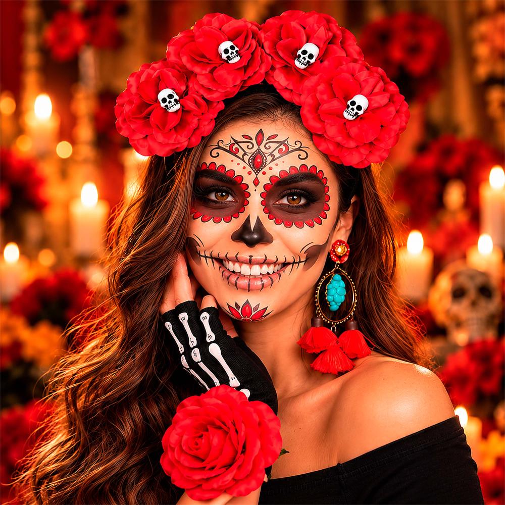 Tiara de Halloween com Flores e Caveira Mexicana pra Fantasia Feminina