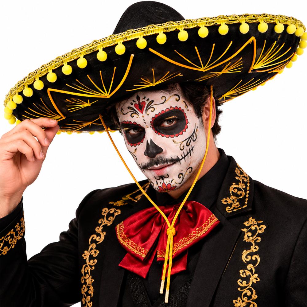 Chapéu Mexicano Grande de Luxo Sombrero de Halloween Decorado pra Fantasia de Caveira