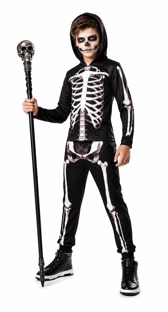 Fantasia Esqueleto Infantil de Halloween pra Meninos Calça e Blusa com Capuz