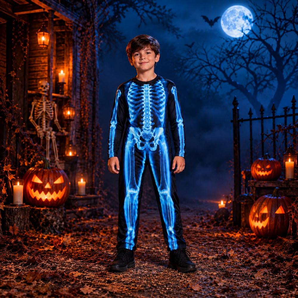 Fantasia Esqueleto Infantil de Halloween pra Menino Longa Com Mascara de Caveira Raio-x