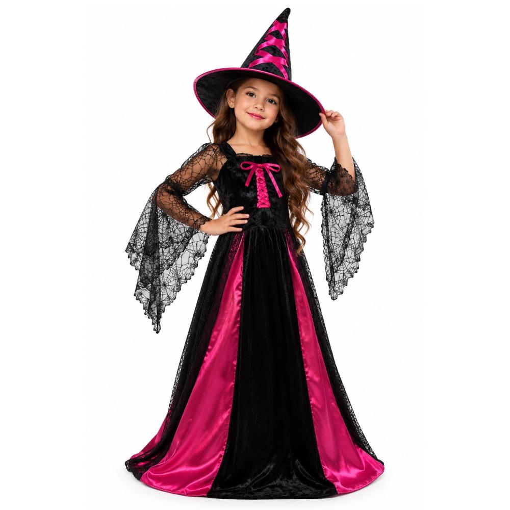 Fantasia Bruxa Halloween Infantil Vestido Longo Veludo de Luxo com Chapéu