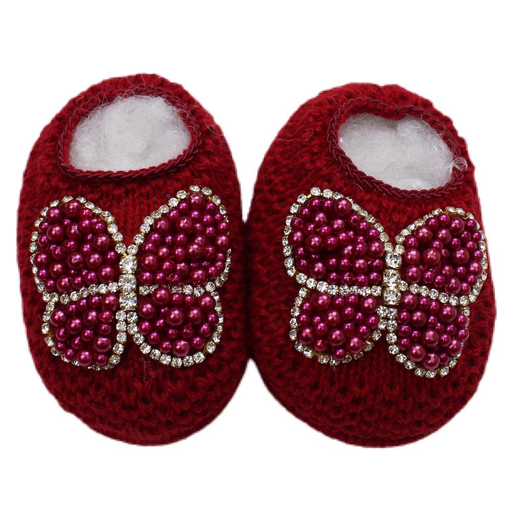 Sapatinho de Tricô Borboleta Pérola Bordô Multicores