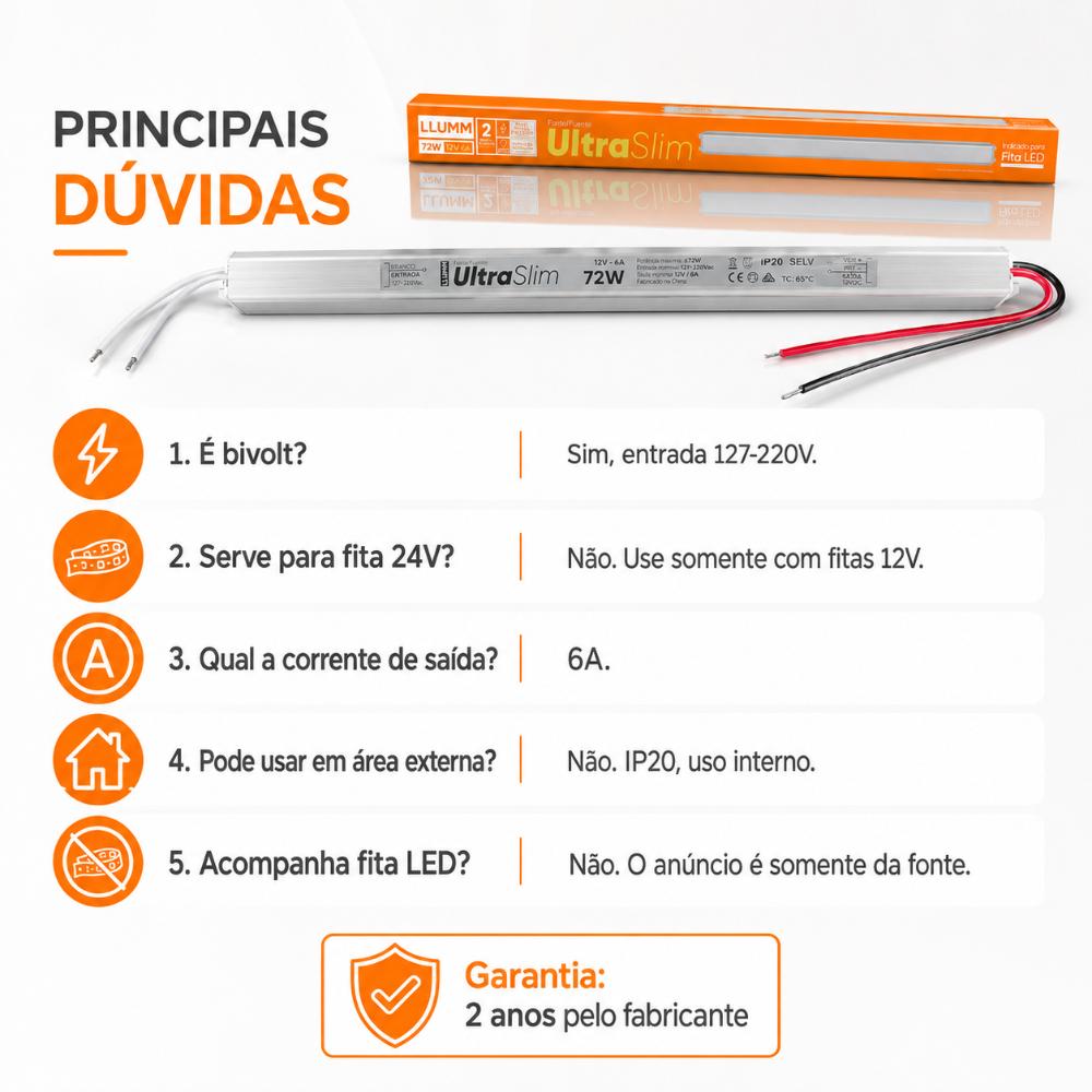 Fonte Ultra Slim LLUMM 12V 72W 6A Bivolt Fita Led