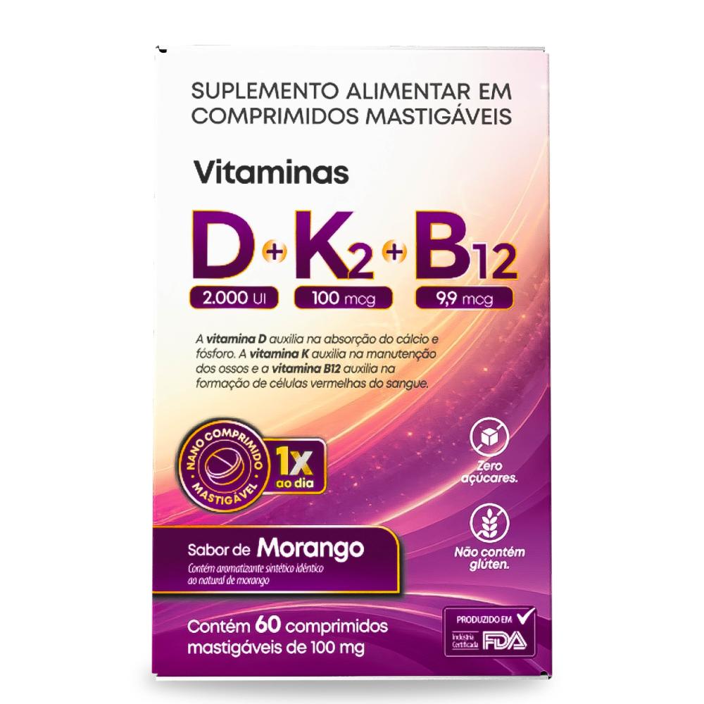 Vitaminas D + K2 + B12 Sabor De Morango 60 Comprimidos Mastigáveis Vitalizy