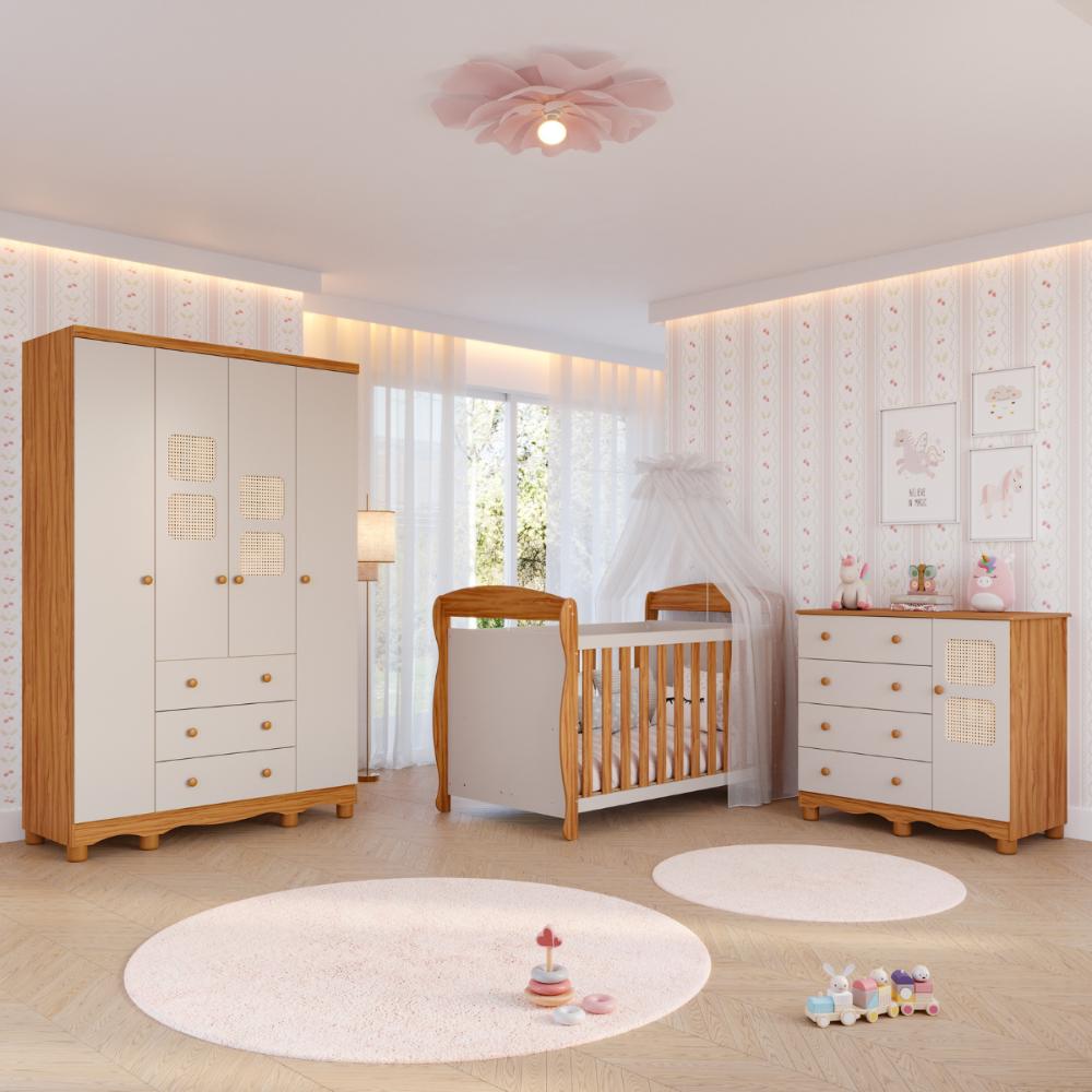 Quarto Bebê Completo Berço Americano Marquesa Guarda Roupas 4 Portas Cômoda 1 Porta Telinha Off White 100%MDF