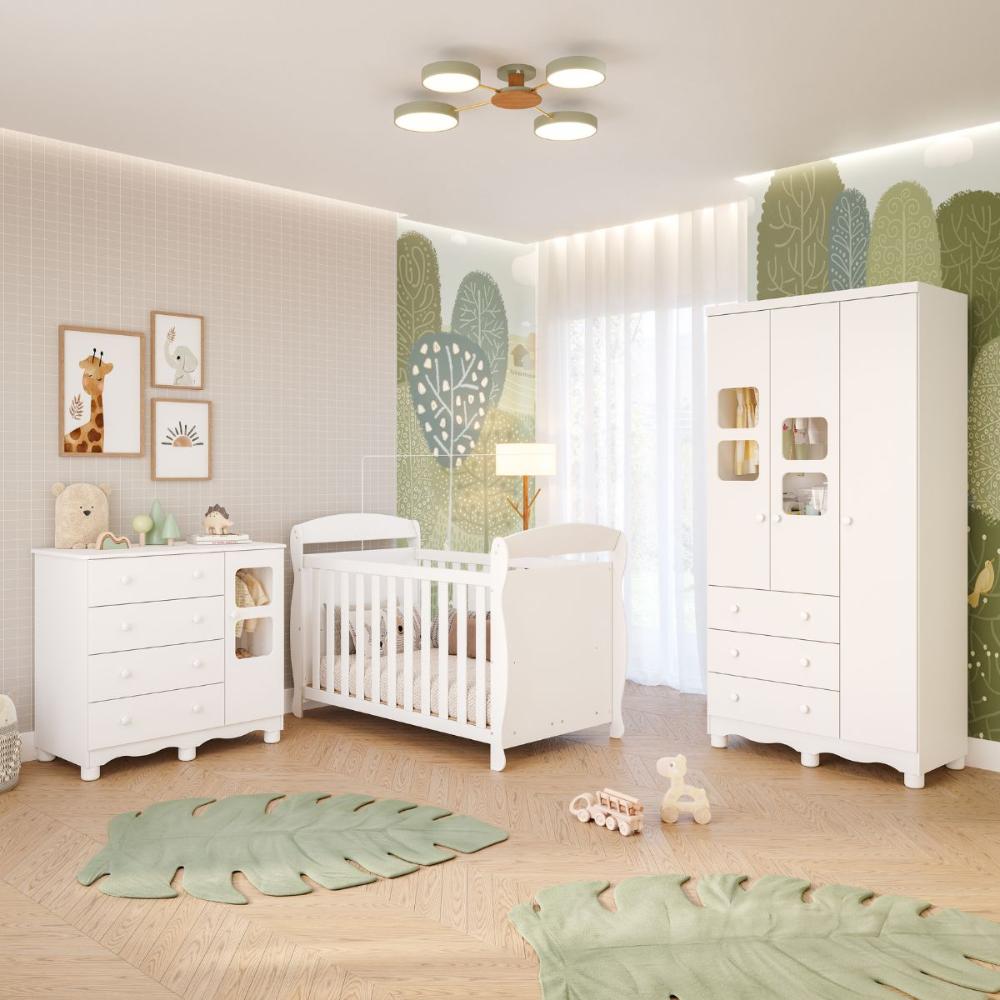 Quarto Bebê Completo Berço Americano Marquesa 3 em 1 Guarda Roupa 3 Portas Cômoda Uli