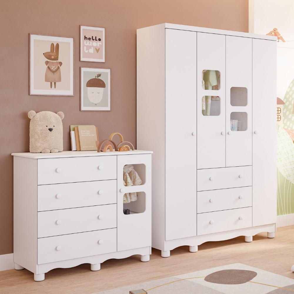 Quarto de Bebê Completo com Guarda Roupa Uli 4 Portas Cômoda Uli 4 Gavetas