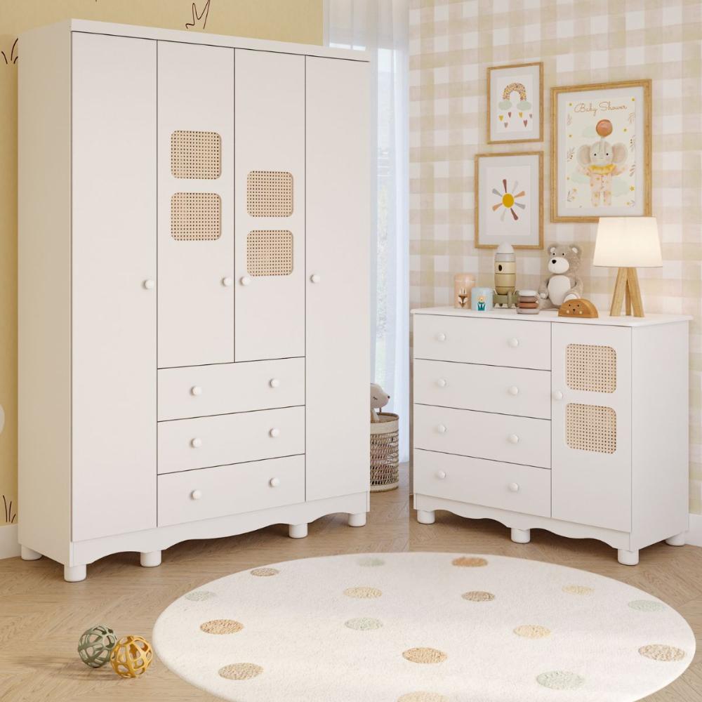Quarto de Bebê Completo Guarda Roupas 4 Portas Cômoda 1 Porta 4 Gavetas 100% MDF Telinha