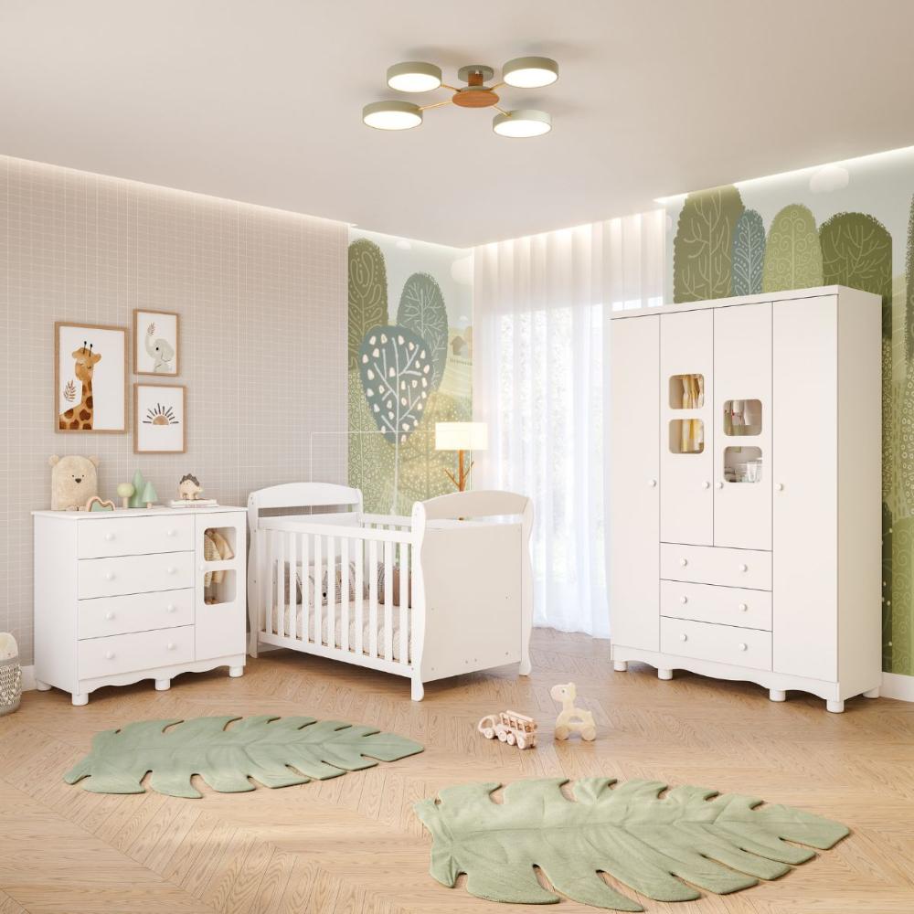 Quarto Bebê Completo Berço Americano Marquesa Guarda Roupa 4 Portas Cômoda Uli 100%MDF