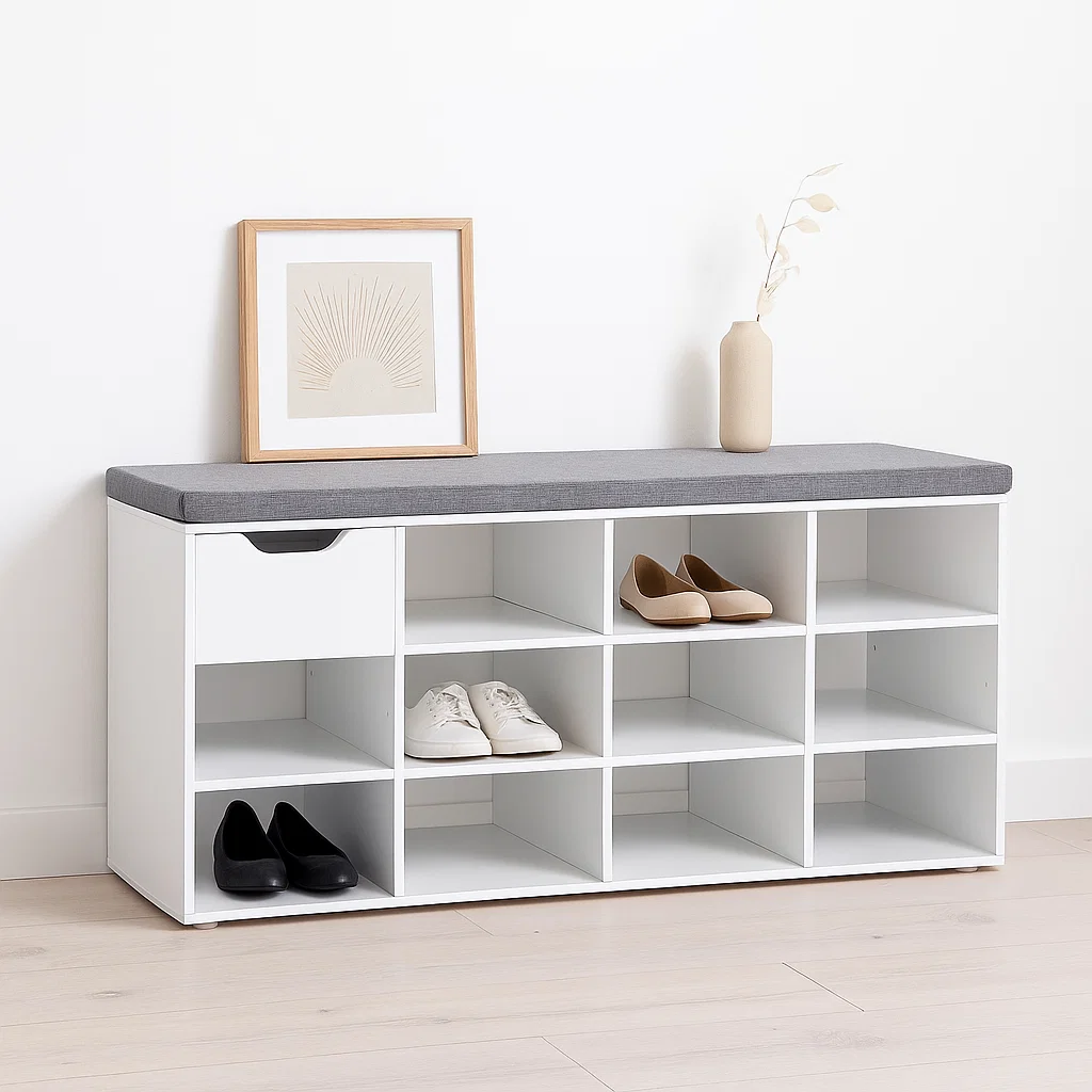 Banco Zapatero Blanco con Cojín y 10 Compartimentos