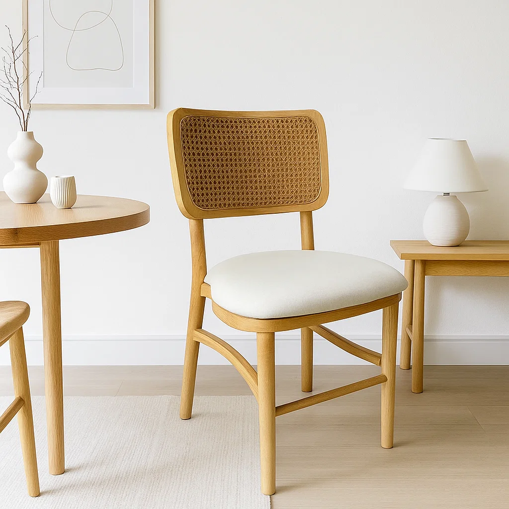 Silla de Estilo Natural con Respaldo Tejido y Asiento Acolchado