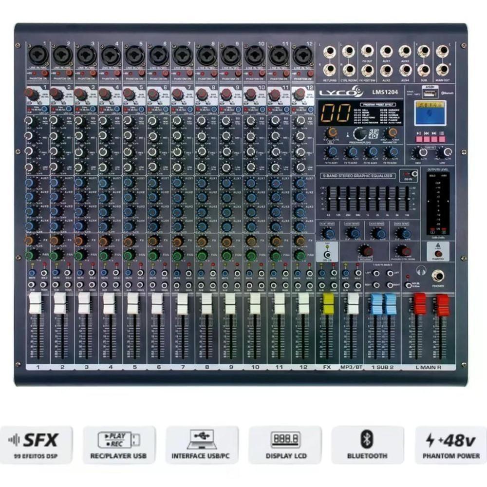 Mesa de Som com 12 Entradas 4 Aux LYCO LMF1204