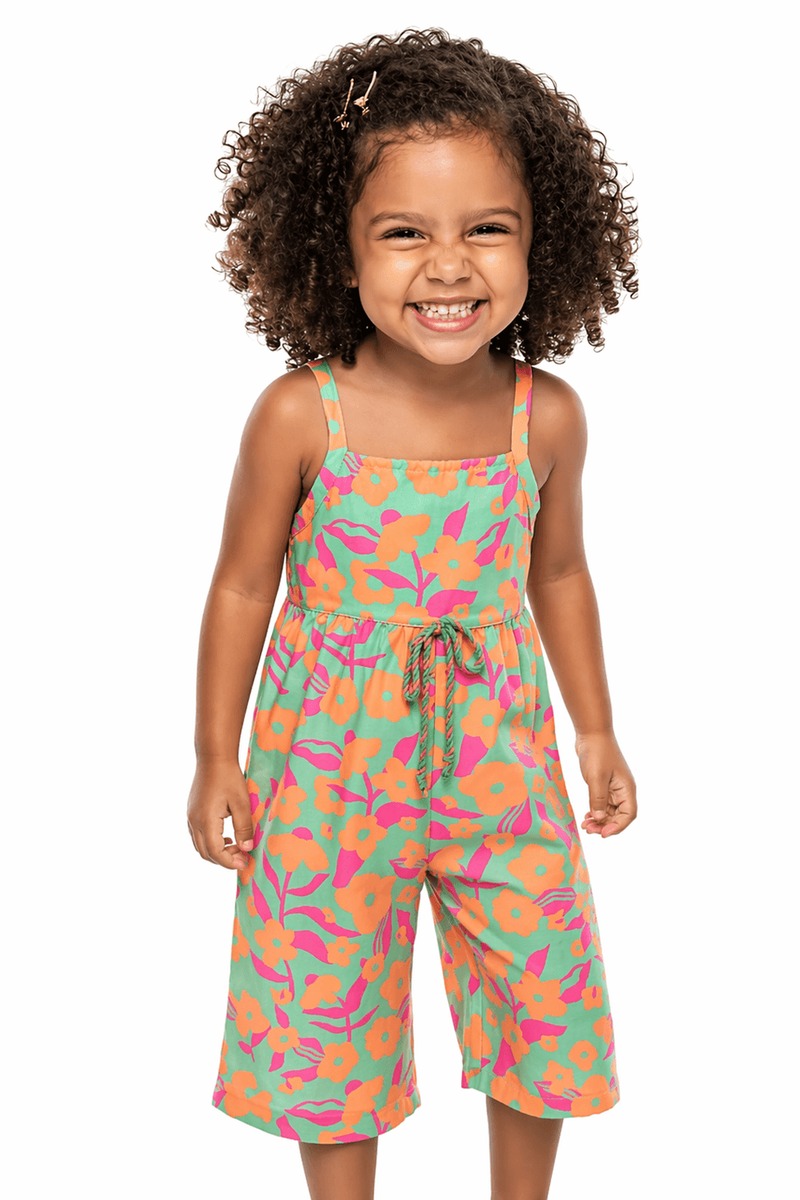 Macacão Infantil Menina Menina Flores Alphabeto Verde e Rosa
