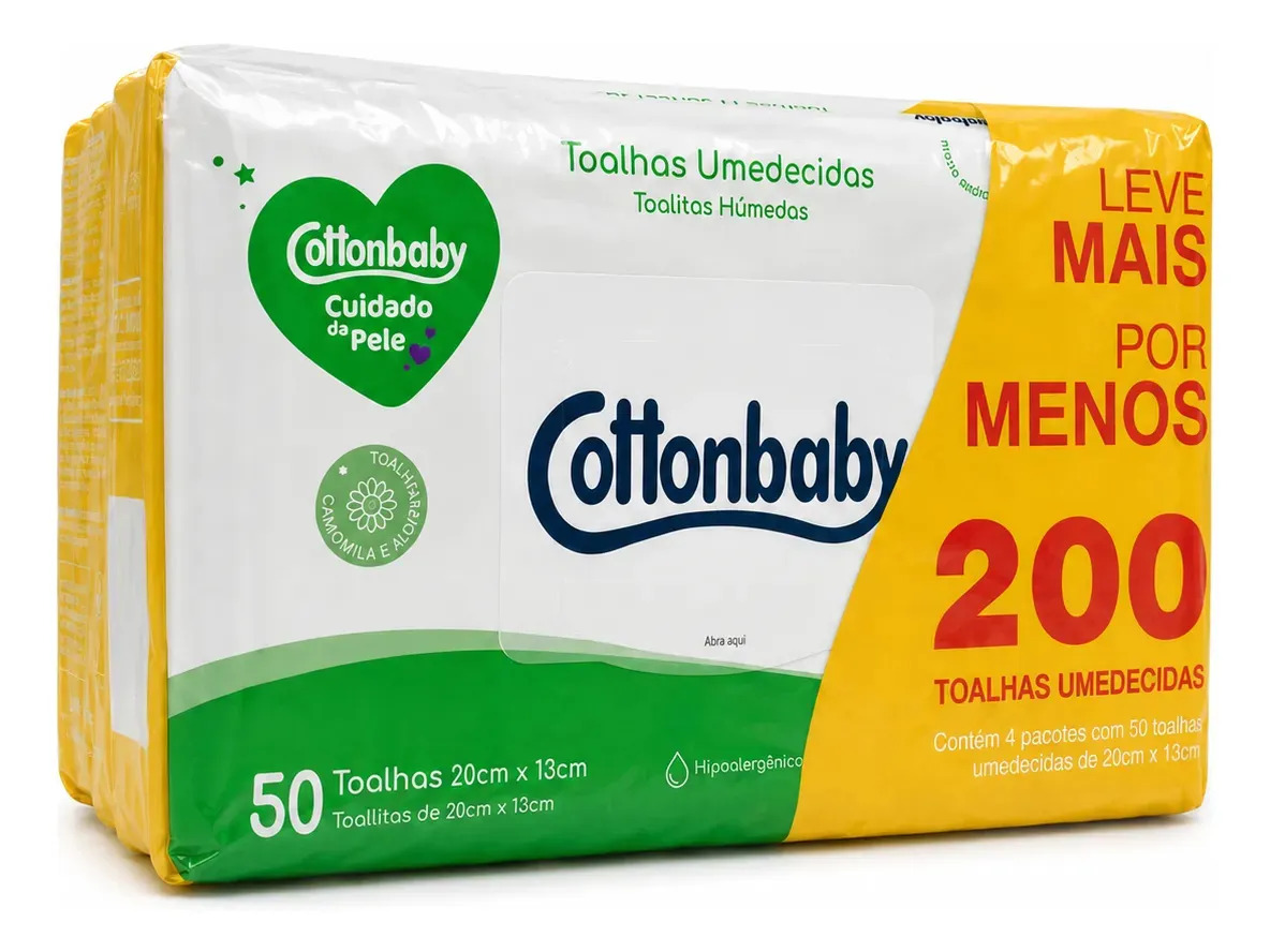 Toalhas Umedecidas Cotton Baby Premium Cuidado Da Pele - 4 Embalagens com 50 Unidades