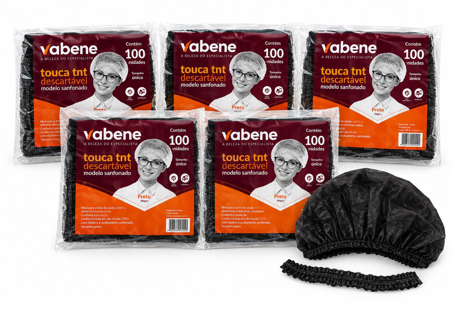 Kit 500 Toucas Descartáveis Tnt Preta Sanfonadas Vabene