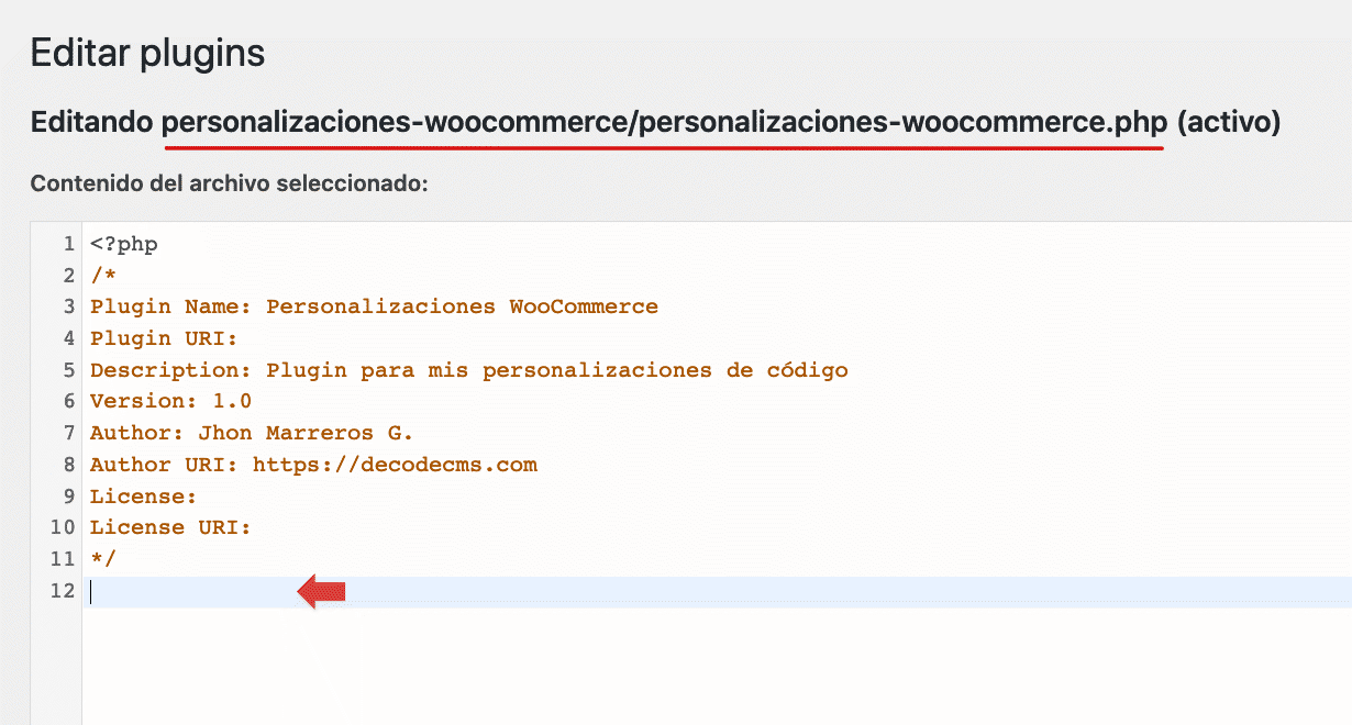 Pantalla de edición de plugin Editar archivo plugin
