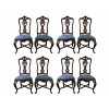 <p>Conjunto de 8 cadeiras de madeira, no estilo D, José, forradas de veludo azul, com amarração inferior em x, terminando em pé de bicho - 52 x 46 x 110 cm - No estado</p>