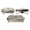 <p>Lote com 3 peças de metal prateado St. James, com tampa, sendo 1 rechaud retangular, com 37 cm de comp. de boca (sem pirex), 2 porta pirex com 37 cm comp</p>