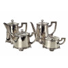 <p>Serviço p/chá e café de metal prateado, composto de 1 bule, 1 leiteira, 1 chaleira, 1 açucareiro - Fracalanza - Brasil Séc. XX</p>