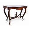 <p>Mesa de encosto, de madeira, com tampo de mármore de contorno sinuoso, amarração inferior em X e pinha central torneada - 108 x 42 x 81 cm alt - Brasil, séc XX</p>