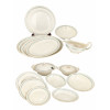 <p>Aparelho de jantar, de porcelana Old English, Johnsons Bros, com 60 peças, sendo: 23 pratos rasos, 13 pratos fundos, 12 pratos de sobremesa, 1 sopeira, 1 travessa funda com tampa, 1 prato de bolo, 7 travessas ovais de tamanhos variados, 1 saladeira e 1 molheira. Decoração com bordas levemente onduladas, com filetes verde e dourado.</p>