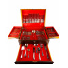 <p>Faqueiro Fracalanza, para 12 pessoas, com 129 peças, sendo 120 talheres de mesa e 9 talheres de servir. Acomodados em caixa original de madeira revestida de veludo vermelho e chaves.</p>